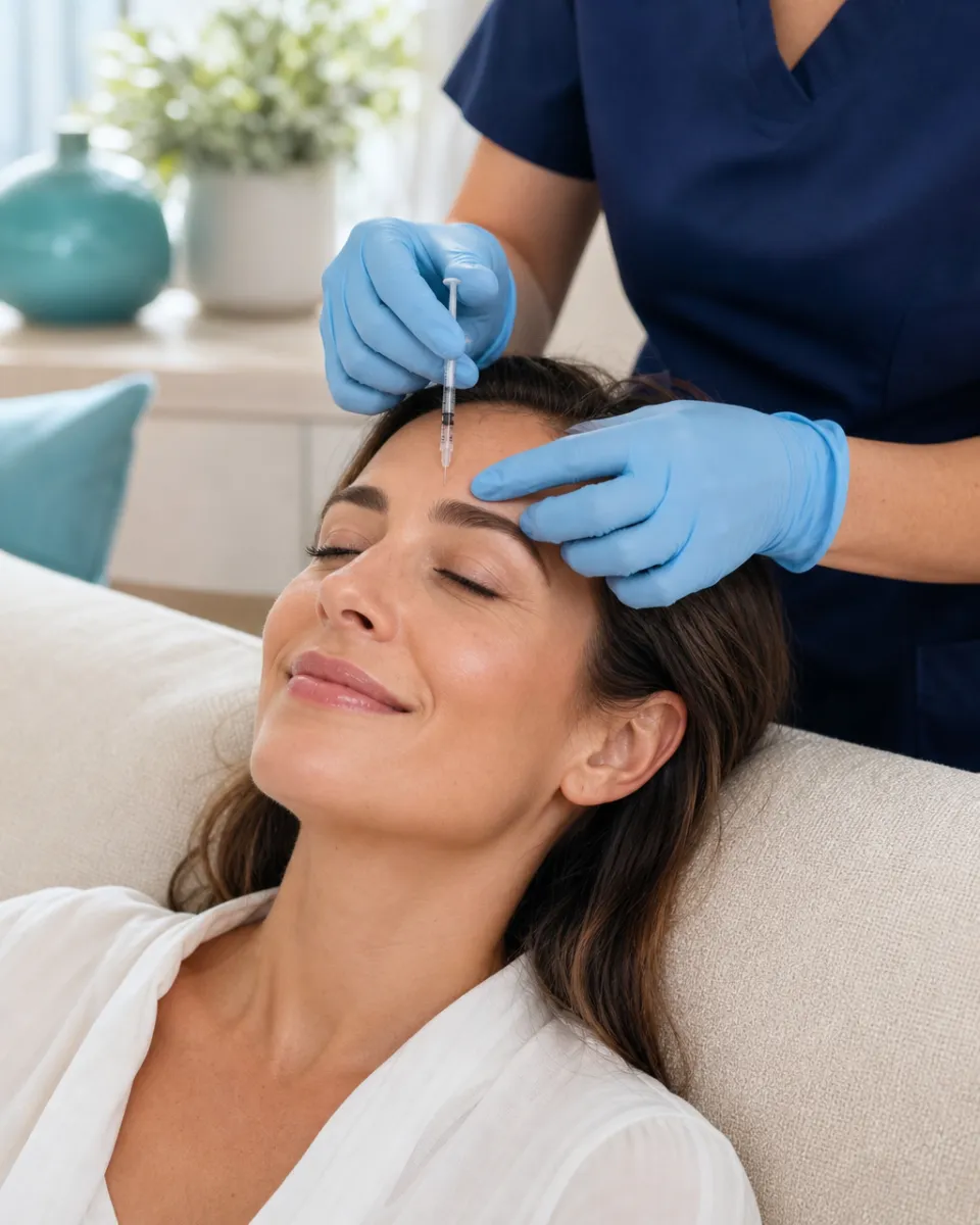 Registered nurse giving a neuromodulator treatment to a relaxed woman at home